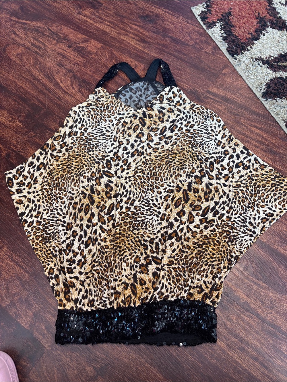Leopard Print Halter Camisole with Black Sequin Hem